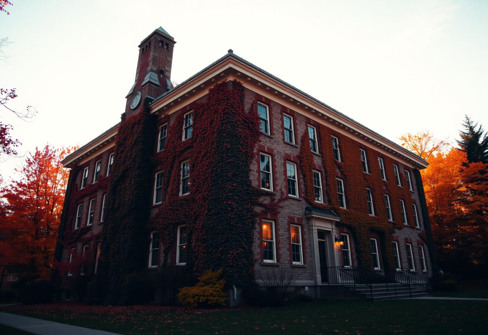 Historic ivy-covered New England college campus at dusk